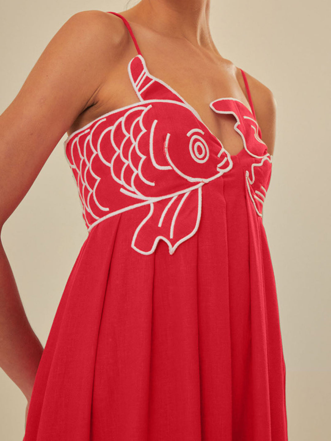 Isla - Flowy Women's Maxi Dress with Spaghetti Straps and Embroidered Fish Detail