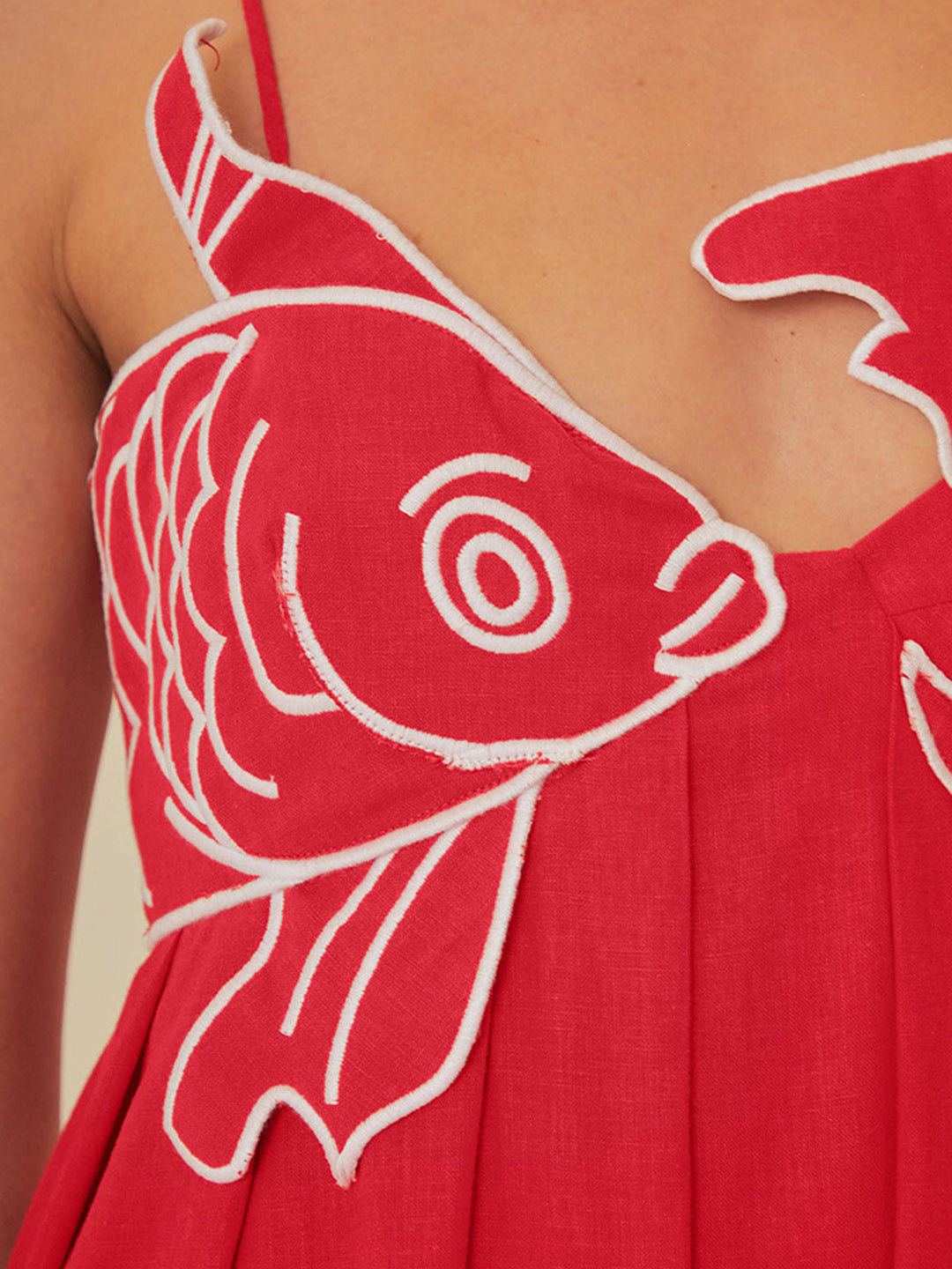 Isla - Flowy Women's Maxi Dress with Spaghetti Straps and Embroidered Fish Detail