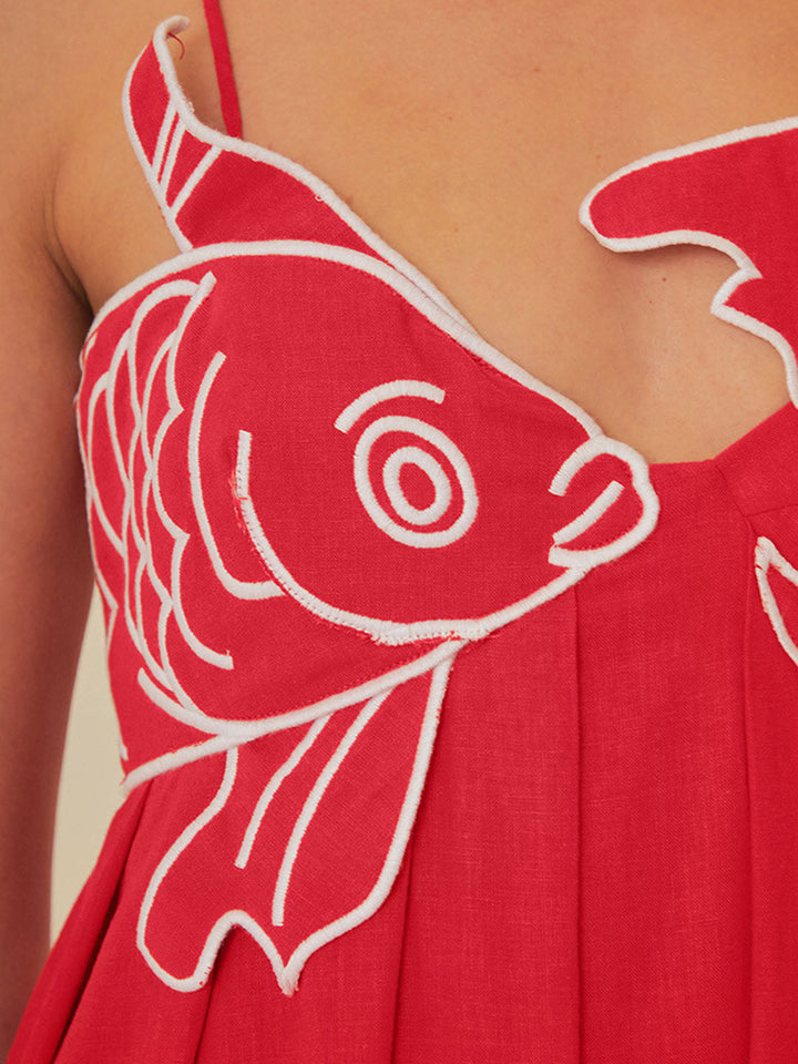Isla - Flowy Women's Maxi Dress with Spaghetti Straps and Embroidered Fish Detail