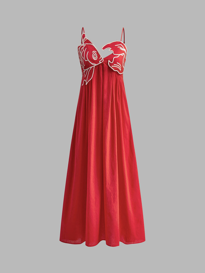 Isla - Flowy Women's Maxi Dress with Spaghetti Straps and Embroidered Fish Detail