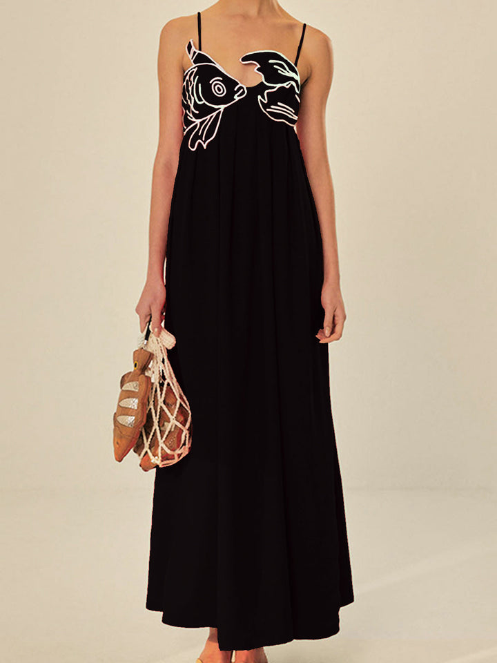 Isla - Flowy Women's Maxi Dress with Spaghetti Straps and Embroidered Fish Detail