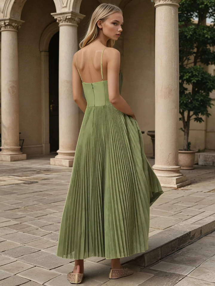 Isla - Flowy Women's Wedding Guest Midi Dress with Sweetheart Corset Bodice and Pleated Skirt