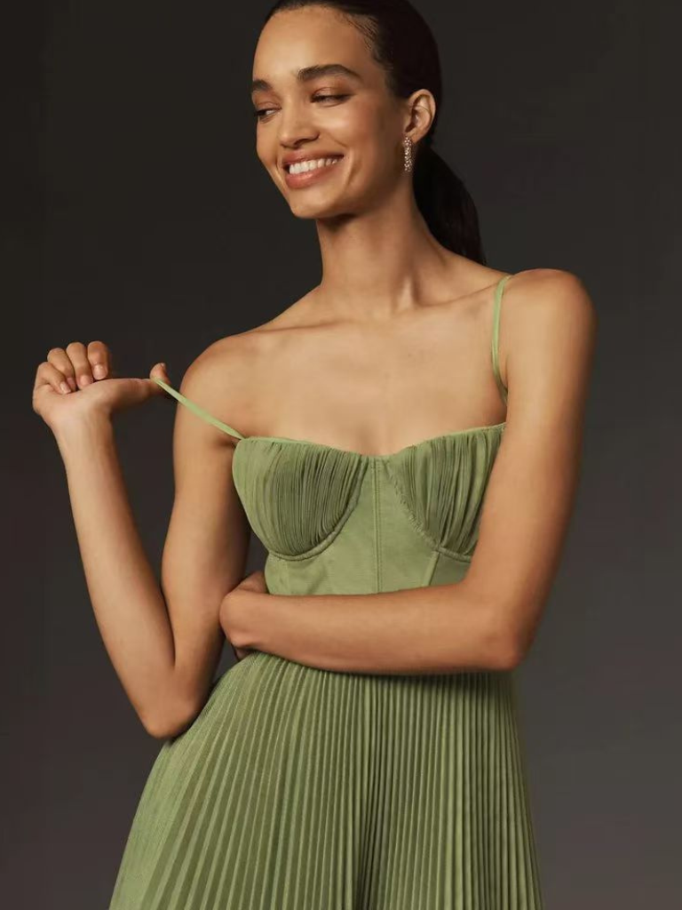 Isla - Flowy Women's Wedding Guest Midi Dress with Sweetheart Corset Bodice and Pleated Skirt