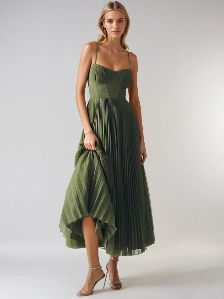 Isla - Flowy Women's Wedding Guest Midi Dress with Sweetheart Corset Bodice and Pleated Skirt