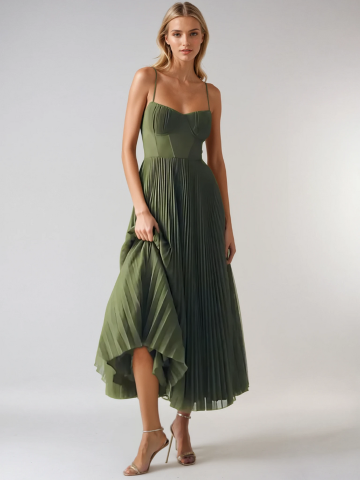 Isla - Flowy Women's Wedding Guest Midi Dress with Sweetheart Corset Bodice and Pleated Skirt