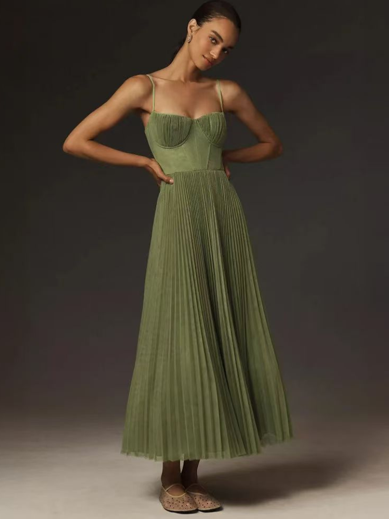 Isla - Flowy Women's Wedding Guest Midi Dress with Sweetheart Corset Bodice and Pleated Skirt