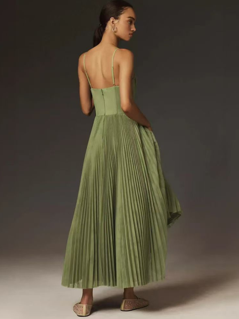 Isla - Flowy Women's Wedding Guest Midi Dress with Sweetheart Corset Bodice and Pleated Skirt
