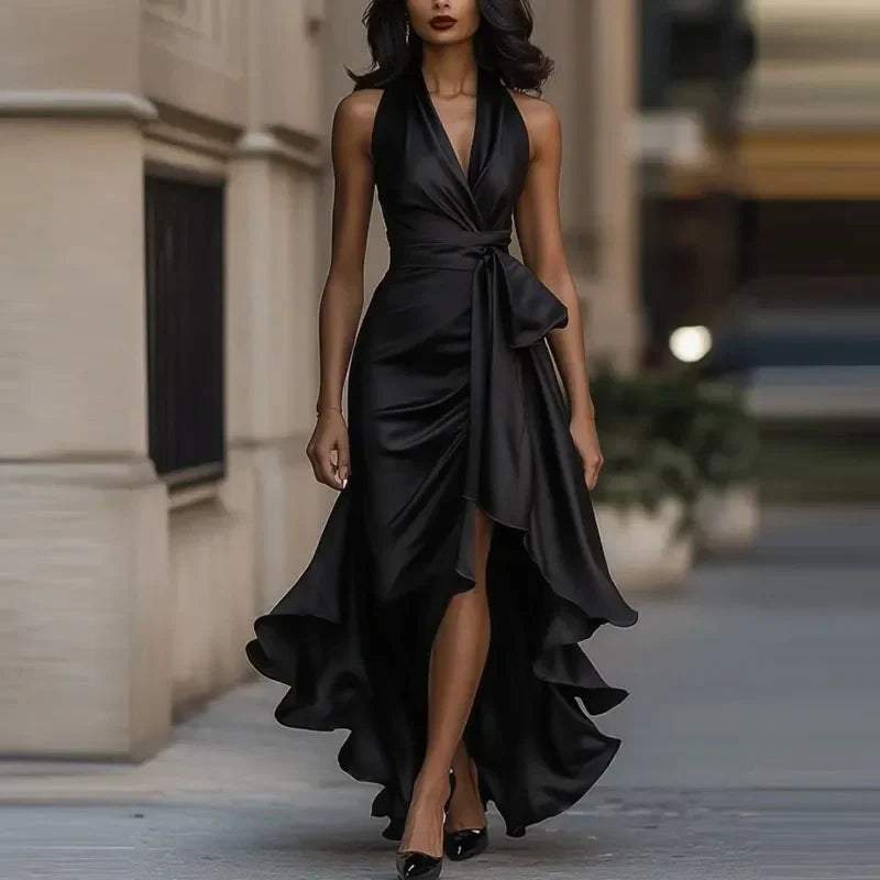 Isla - Formal Women's Satin Fall Wedding Guest Dress with Halter Neck and Wrap Bow
