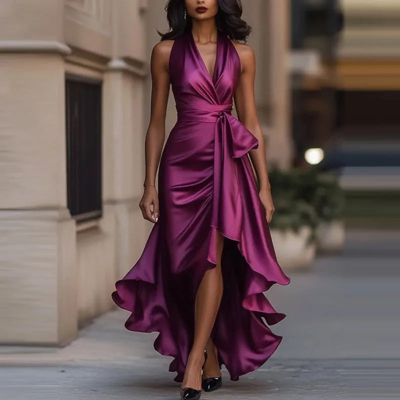 Isla - Formal Women's Satin Fall Wedding Guest Dress with Halter Neck and Wrap Bow
