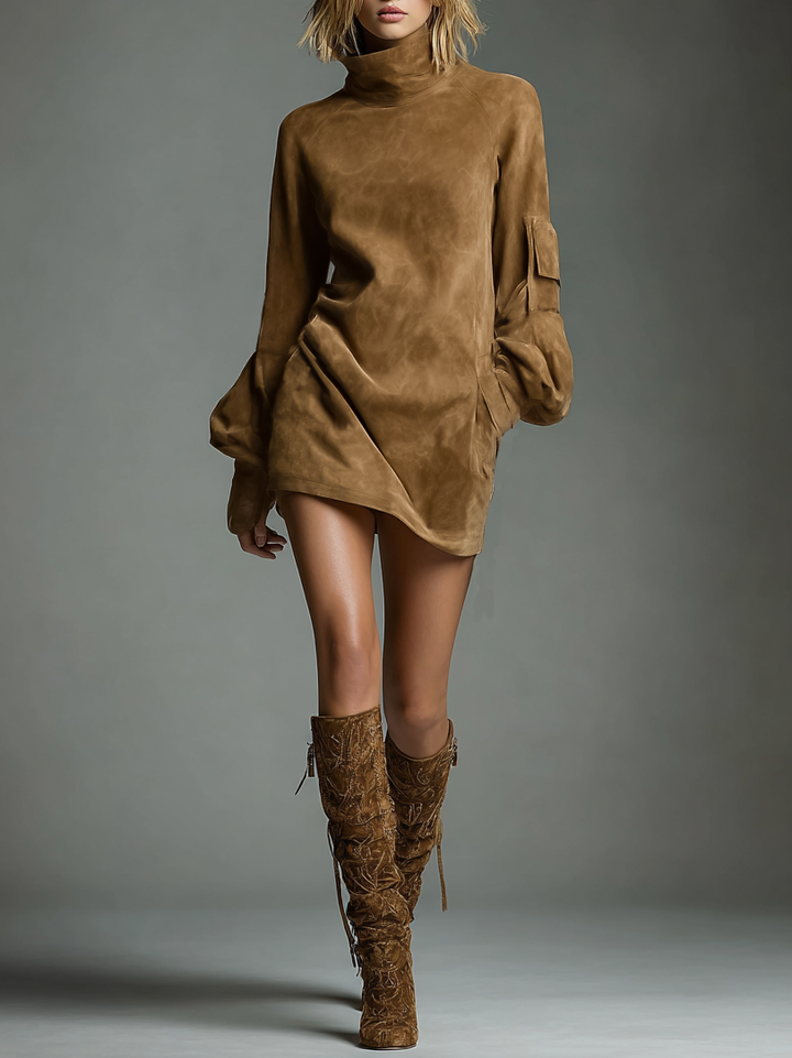 Isla - Oversized Women's Fall Wedding Guest Dress with Turtleneck and Batwing Sleeves