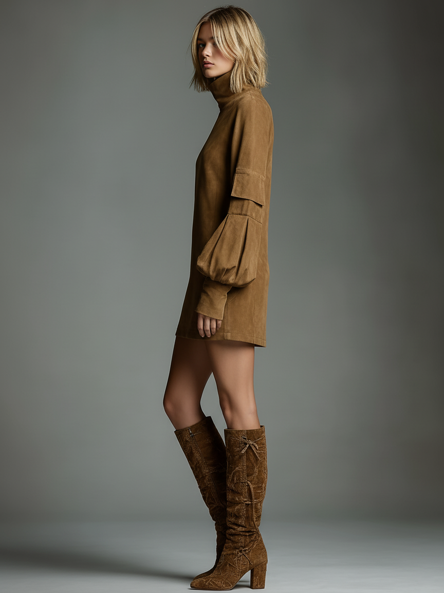 Isla - Oversized Women's Fall Wedding Guest Dress with Turtleneck and Batwing Sleeves
