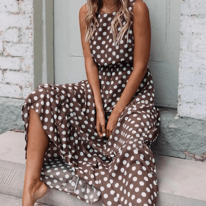 Isla - Vintage Women's Polka Dot Maxi Dress with Side Split and Sleeveless Design