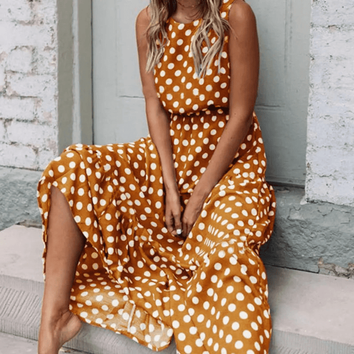 Isla - Vintage Women's Polka Dot Maxi Dress with Side Split and Sleeveless Design