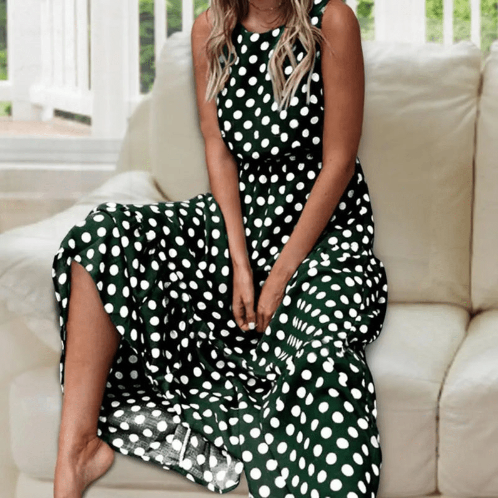 Isla - Vintage Women's Polka Dot Maxi Dress with Side Split and Sleeveless Design