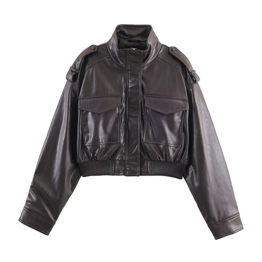 Isla - Women's Jacket Cropped with Stand Collar and Pockets