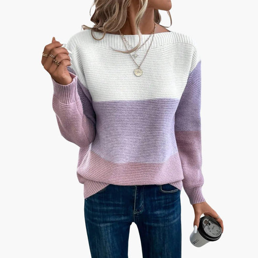 Isla - Women's Knitted Jumper for Autumn with Boat Neck and Colour Block
