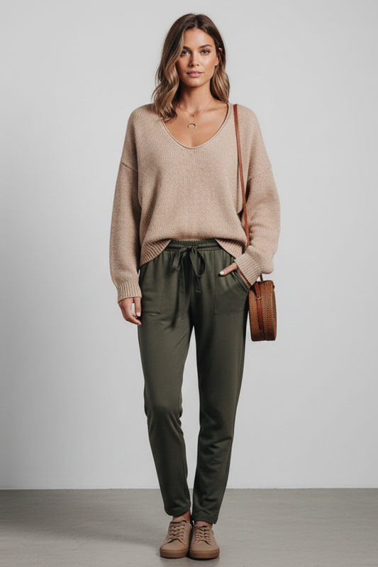 Isla - Women's Oversized Knitted Sweater for Autumn with V-Neck and Rib Trim