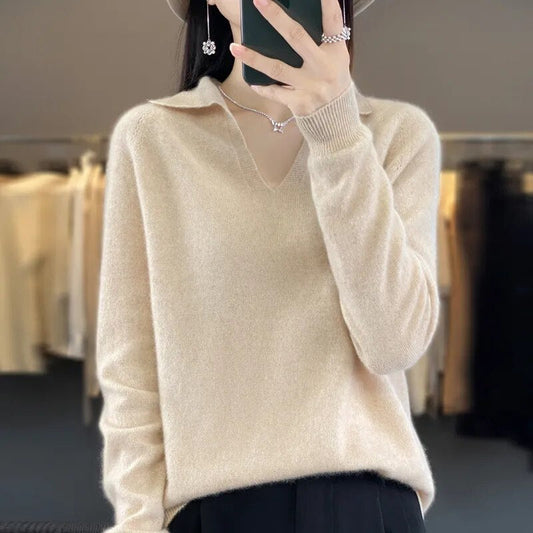 Isla - Women's V Neck Sweater Wool Style with Collared Autumn Design