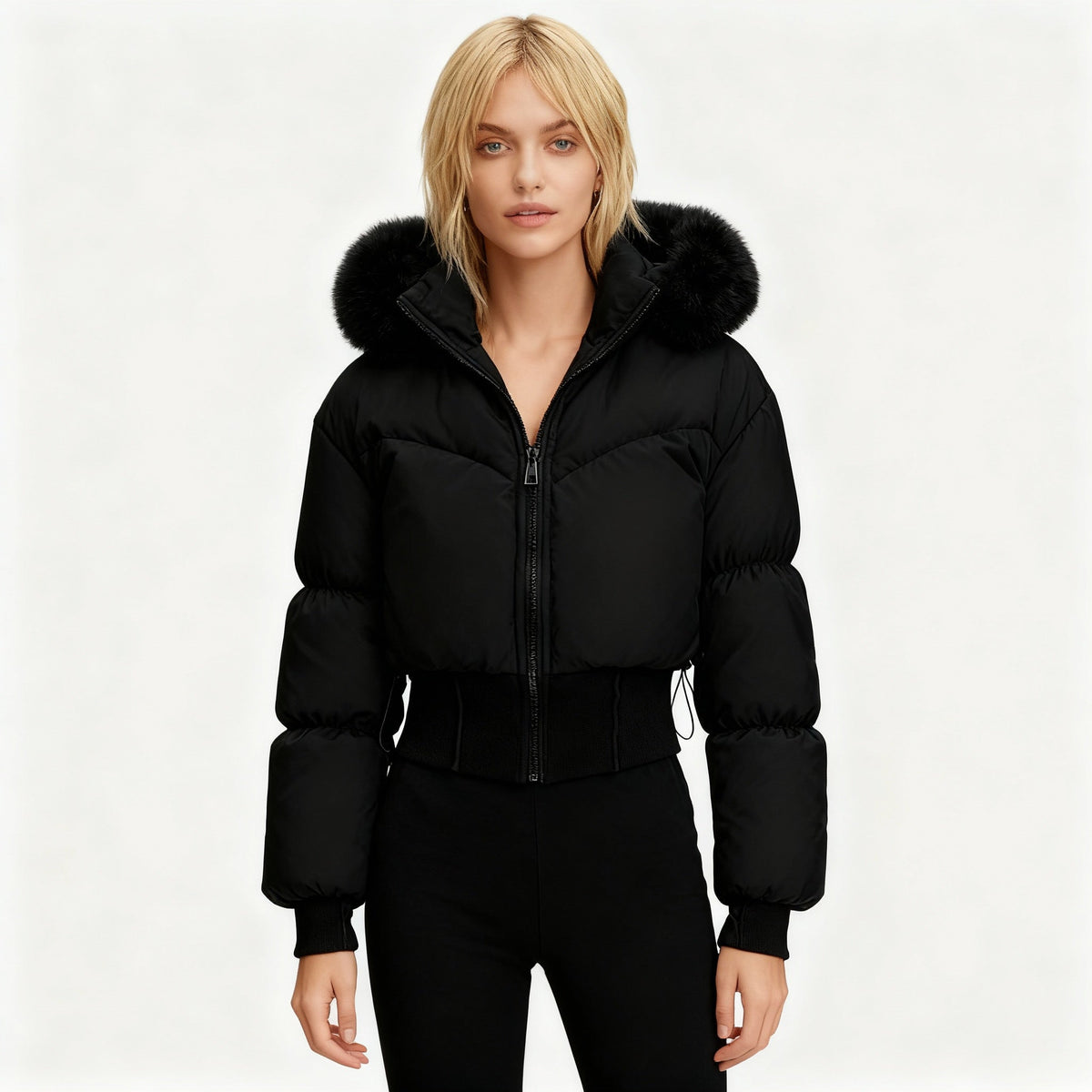 Isla - Women’s cropped hooded winter puffer jacket with ribbed waist