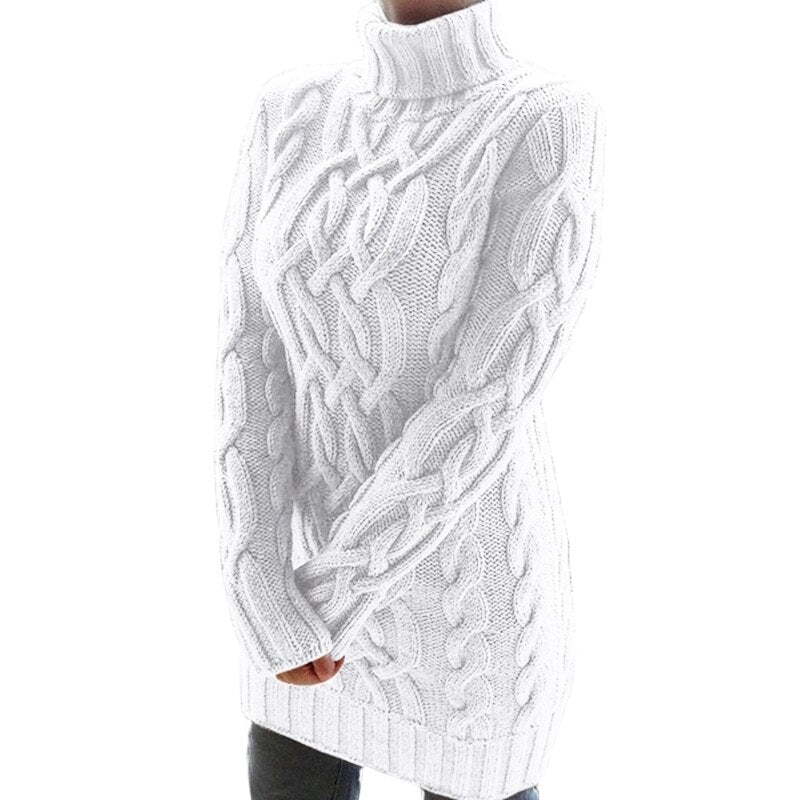 Isla - Women's knitted turtleneck jumper dress with chunky cable detail