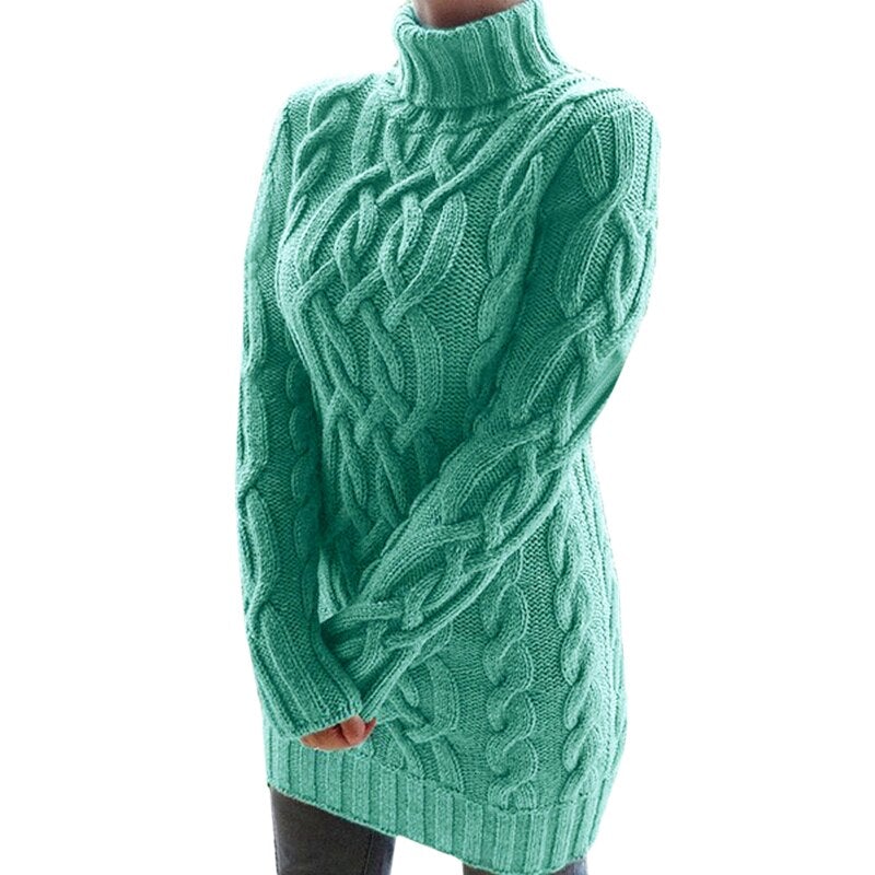 Isla - Women's knitted turtleneck jumper dress with chunky cable detail