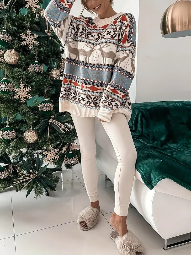 Isla - Women's oversized christmas jumper with crew neck and fair isle print