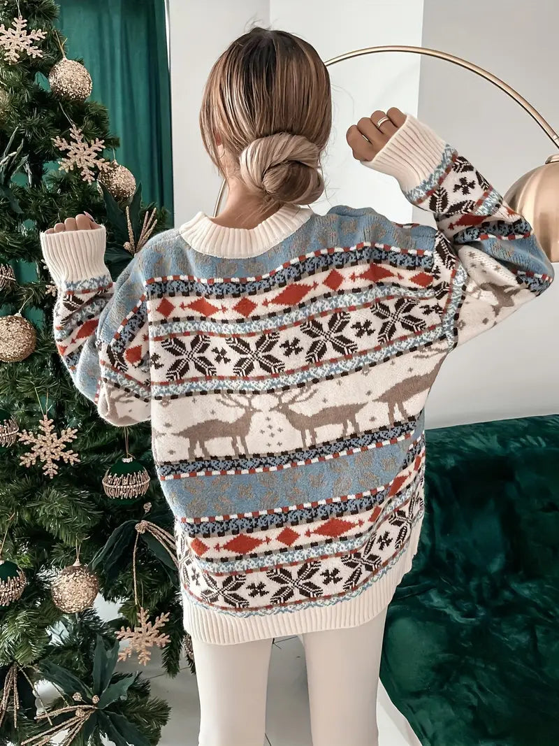 Isla - Women's oversized christmas jumper with crew neck and fair isle print