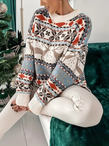 Isla - Women's oversized christmas jumper with crew neck and fair isle print