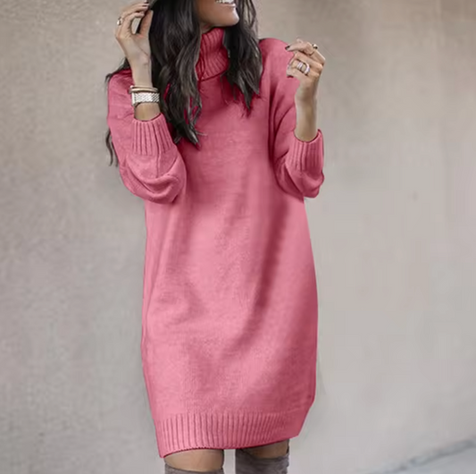 Isla - Women's oversized knitted turtleneck jumper dress with long sleeve