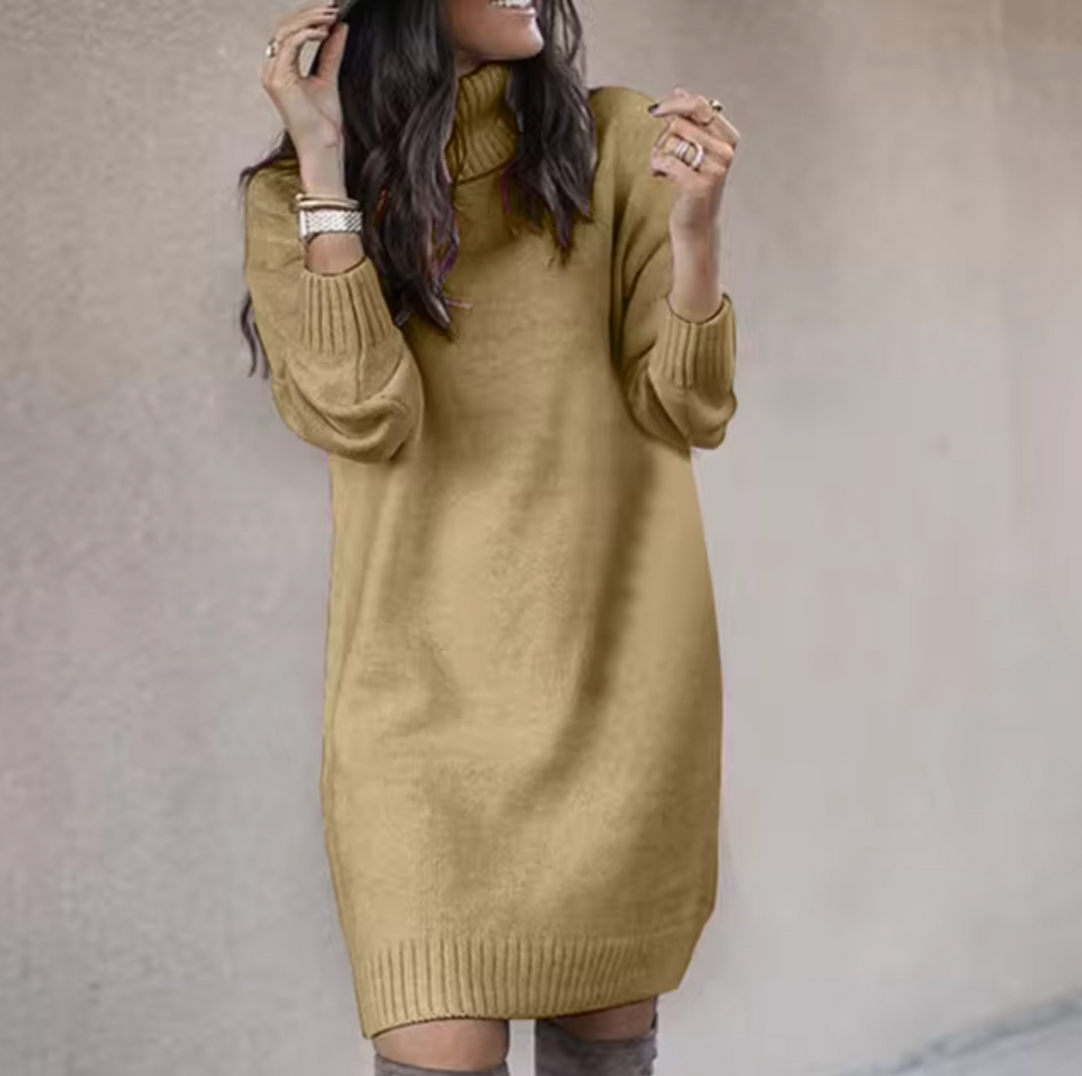 Isla - Women's oversized knitted turtleneck jumper dress with long sleeve