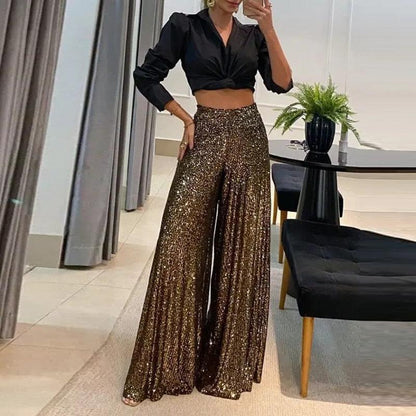 Isla - Women's sequin glitter wide leg party trousers with high waist
