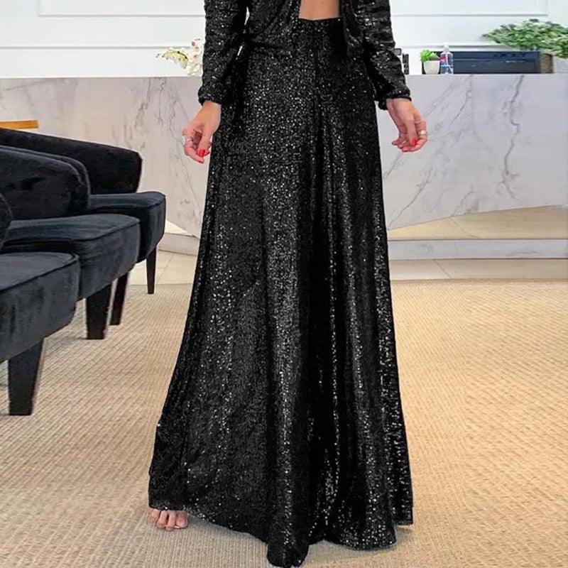Isla - Women's sequin glitter wide leg party trousers with high waist