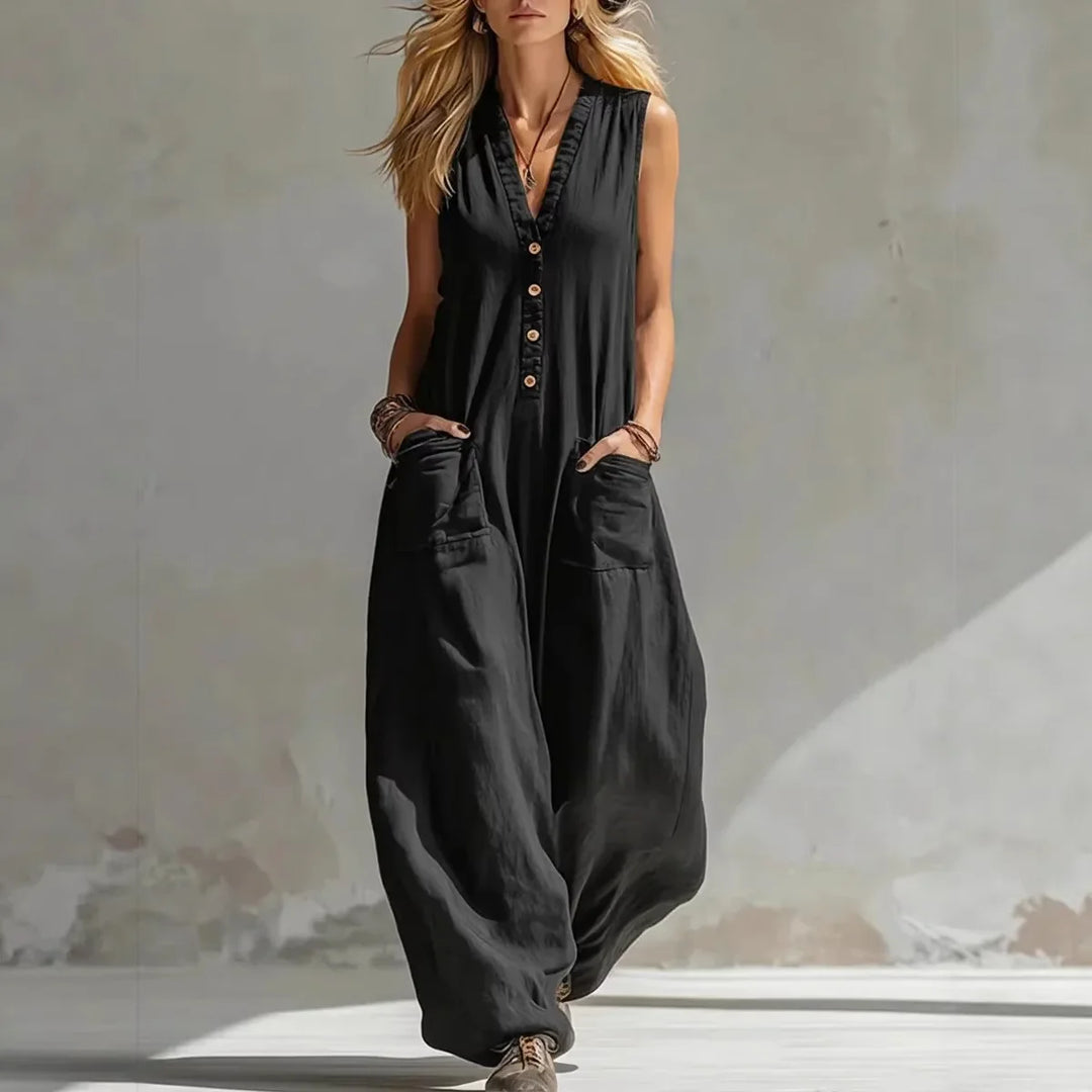 Ivy - Boho Women's Linen Jumpsuit with V Neck Button Front and Patch Pockets