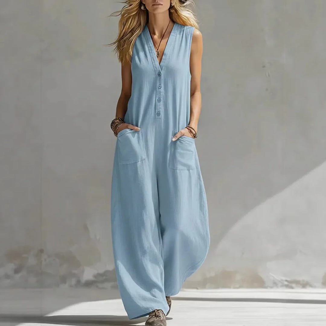 Ivy - Boho Women's Linen Jumpsuit with V Neck Button Front and Patch Pockets
