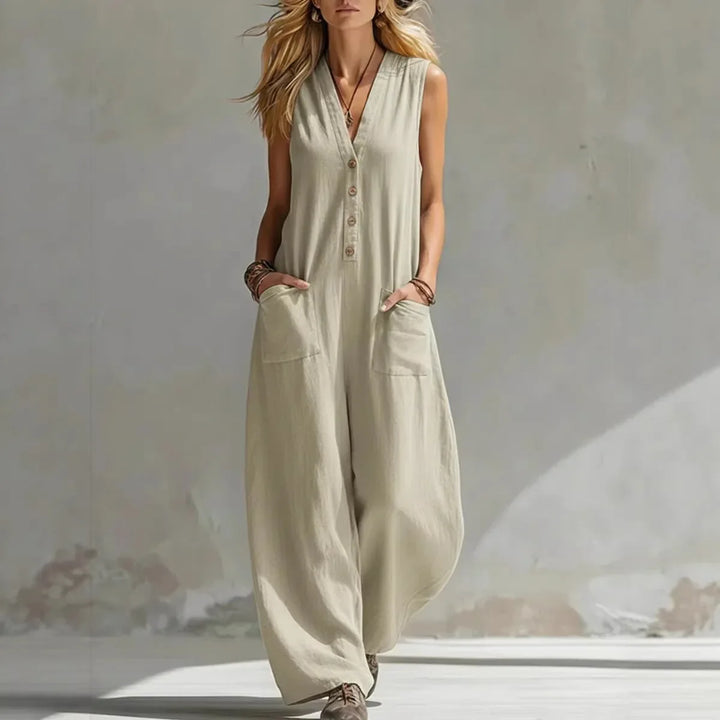 Ivy - Boho Women's Linen Jumpsuit with V Neck Button Front and Patch Pockets
