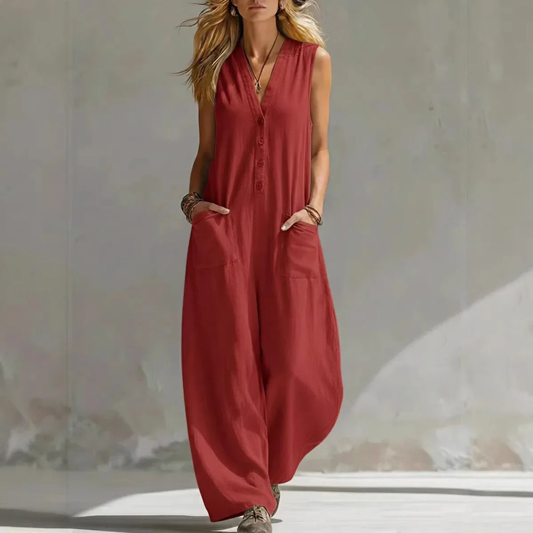 Ivy - Boho Women's Linen Jumpsuit with V Neck Button Front and Patch Pockets