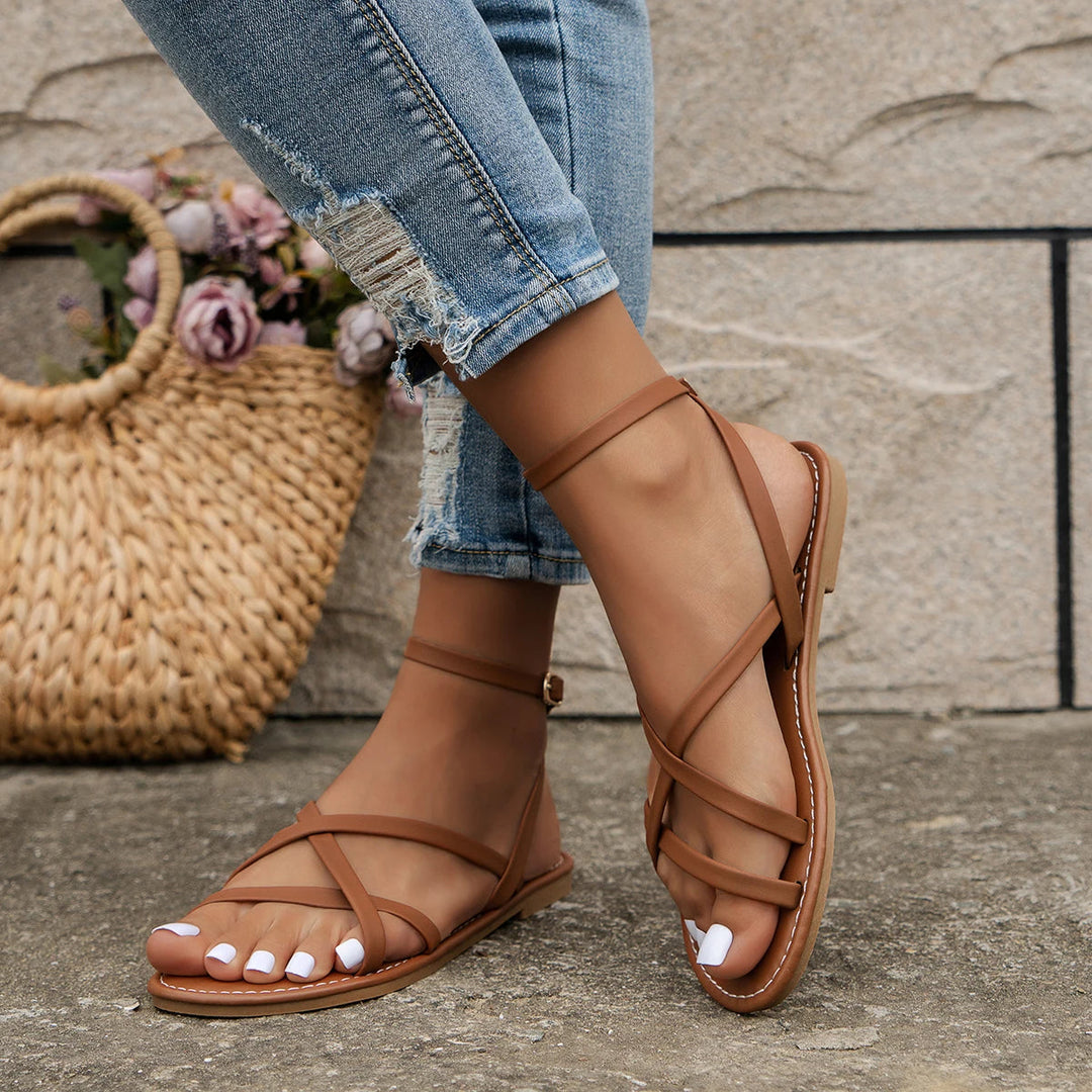 Ivy - Casual Women's Orthopedic Flat Sandals with Thin Cross Straps and Ankle Buckle