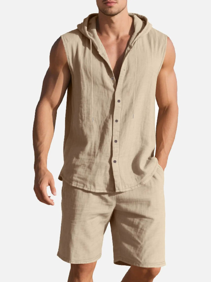 Jack - Casual Men's Linen Set with Hooded Sleeveless Top and Drawstring Shorts