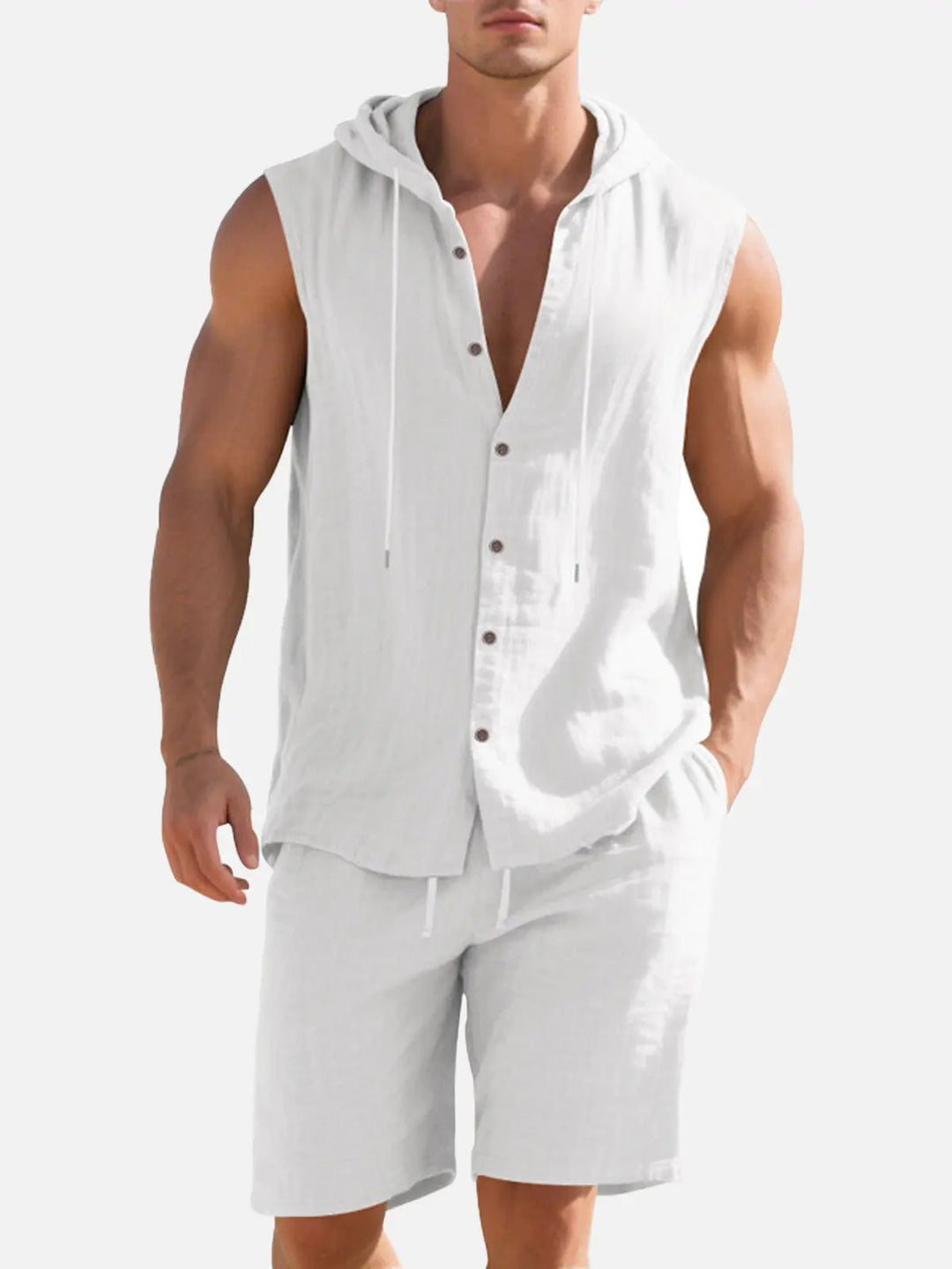 Jack - Casual Men's Linen Set with Hooded Sleeveless Top and Drawstring Shorts