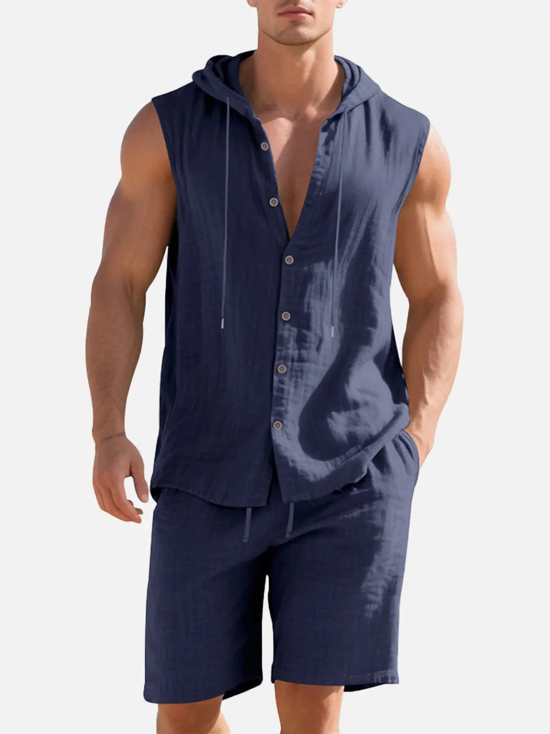Jack - Casual Men's Linen Set with Hooded Sleeveless Top and Drawstring Shorts