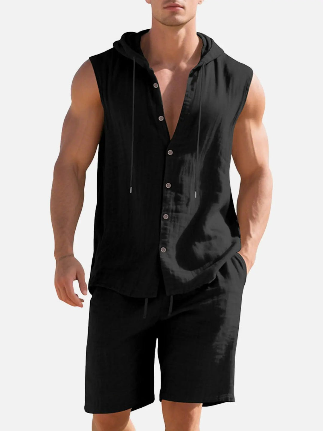Jack - Casual Men's Linen Set with Hooded Sleeveless Top and Drawstring Shorts