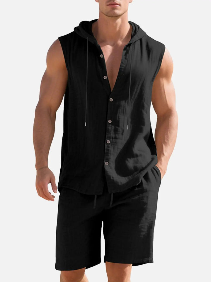 Jack - Casual Men's Linen Set with Hooded Sleeveless Top and Drawstring Shorts