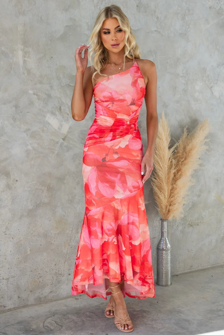 Jasmine - Flowy Women's Wedding Guest Maxi Dress with One Shoulder and Floral Print Ruffle Hem