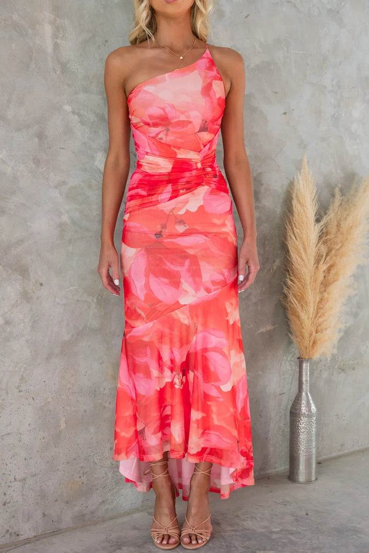 Jasmine - Flowy Women's Wedding Guest Maxi Dress with One Shoulder and Floral Print Ruffle Hem