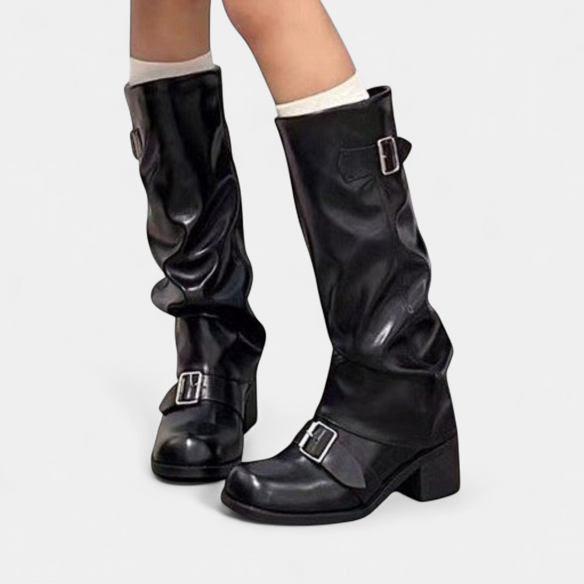 Rosie - Women's slouch knee high boots with chunky heel and buckle straps