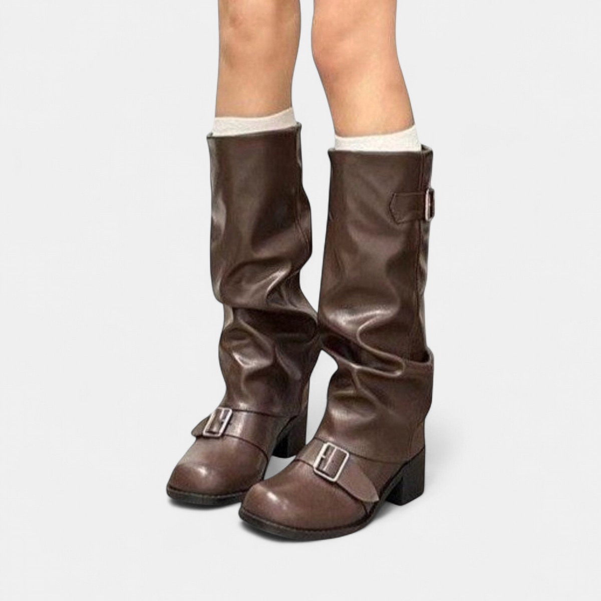 Rosie - Women's slouch knee high boots with chunky heel and buckle straps