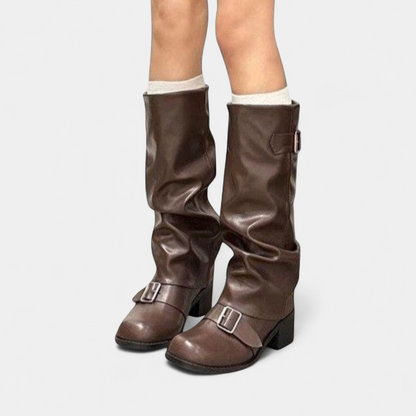 Rosie - Women's slouch knee high boots with chunky heel and buckle straps