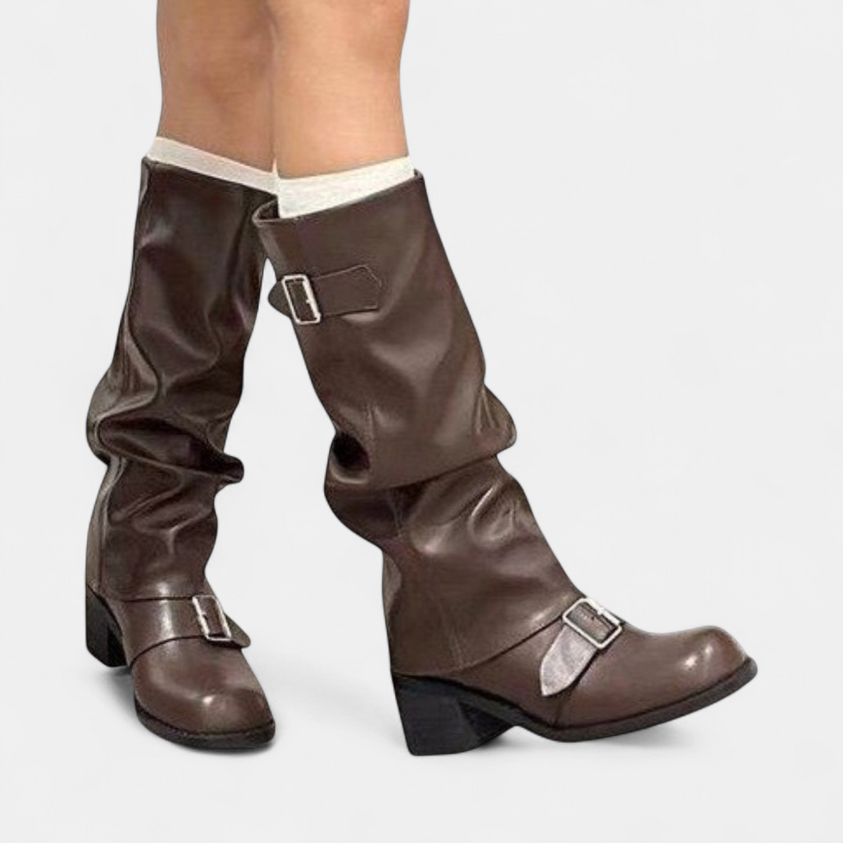 Rosie - Women's slouch knee high boots with chunky heel and buckle straps