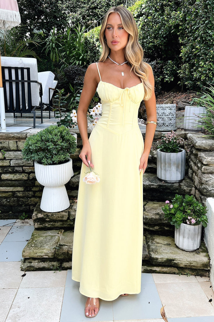 Lara - Elegant Women's Wedding Guest Maxi Dress with Corset Bodice and Spaghetti Straps