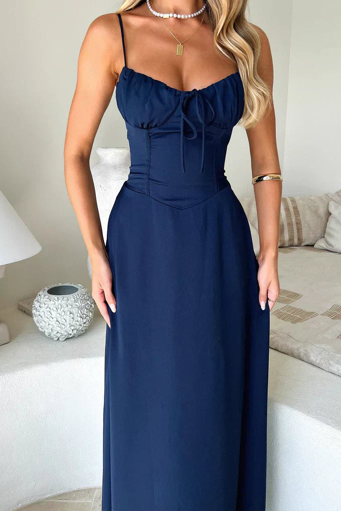 Lara - Elegant Women's Wedding Guest Maxi Dress with Corset Bodice and Spaghetti Straps